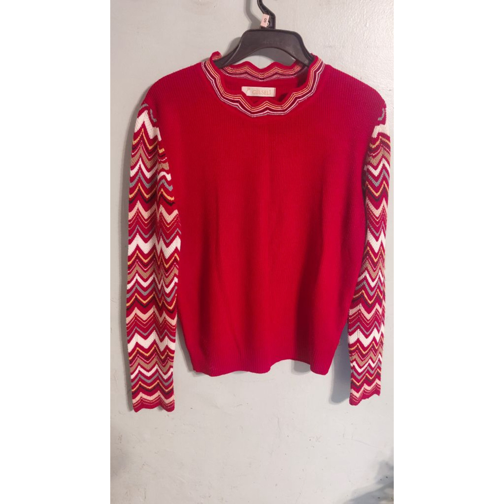 Women's Gülseli Red Multicolor Chevron Knit Sweater - Picture 3 of 3